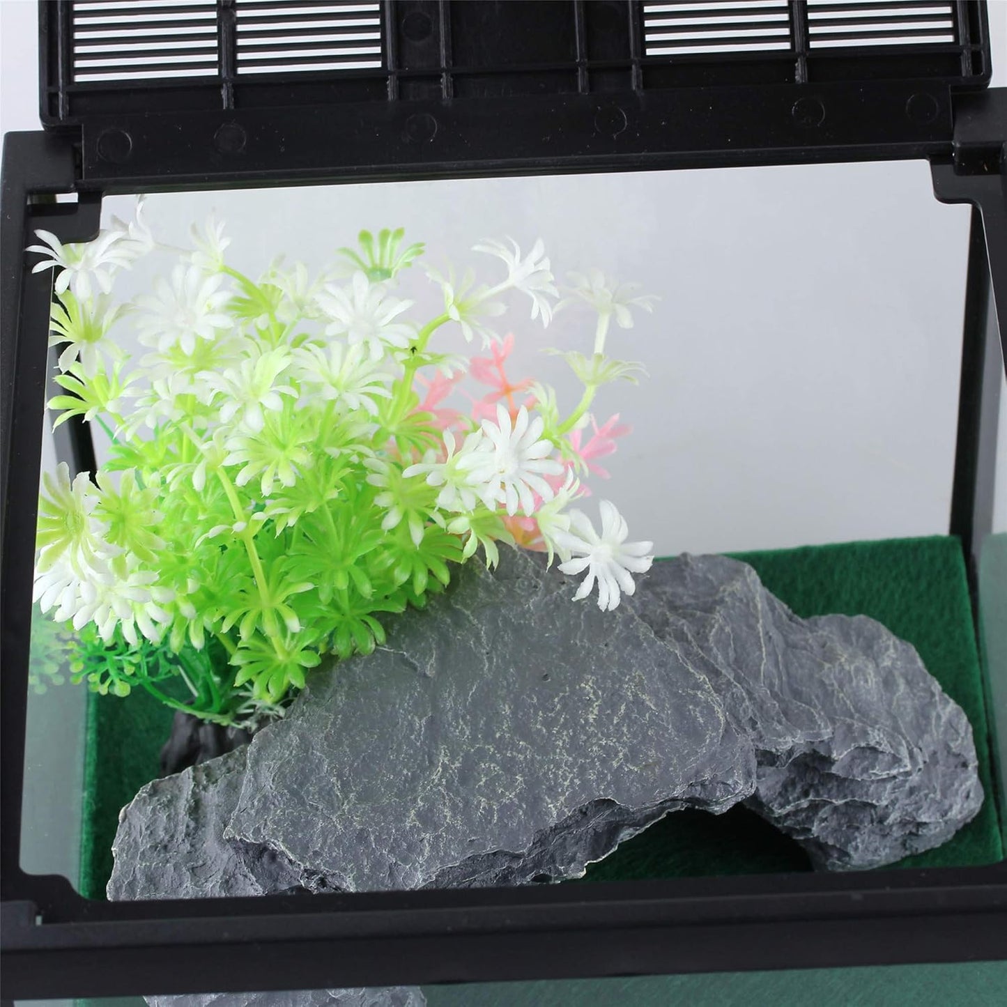 crapelles Glass Lizard Tank, Spider Box Kit, 7.8x7.8x5.9'' Tarantula Feeder Insects Beetle Habitat, Amphibians Terrarium for Small Pet, with Washable Mat, Resin Rock Shape Hideout, Artificial Flower