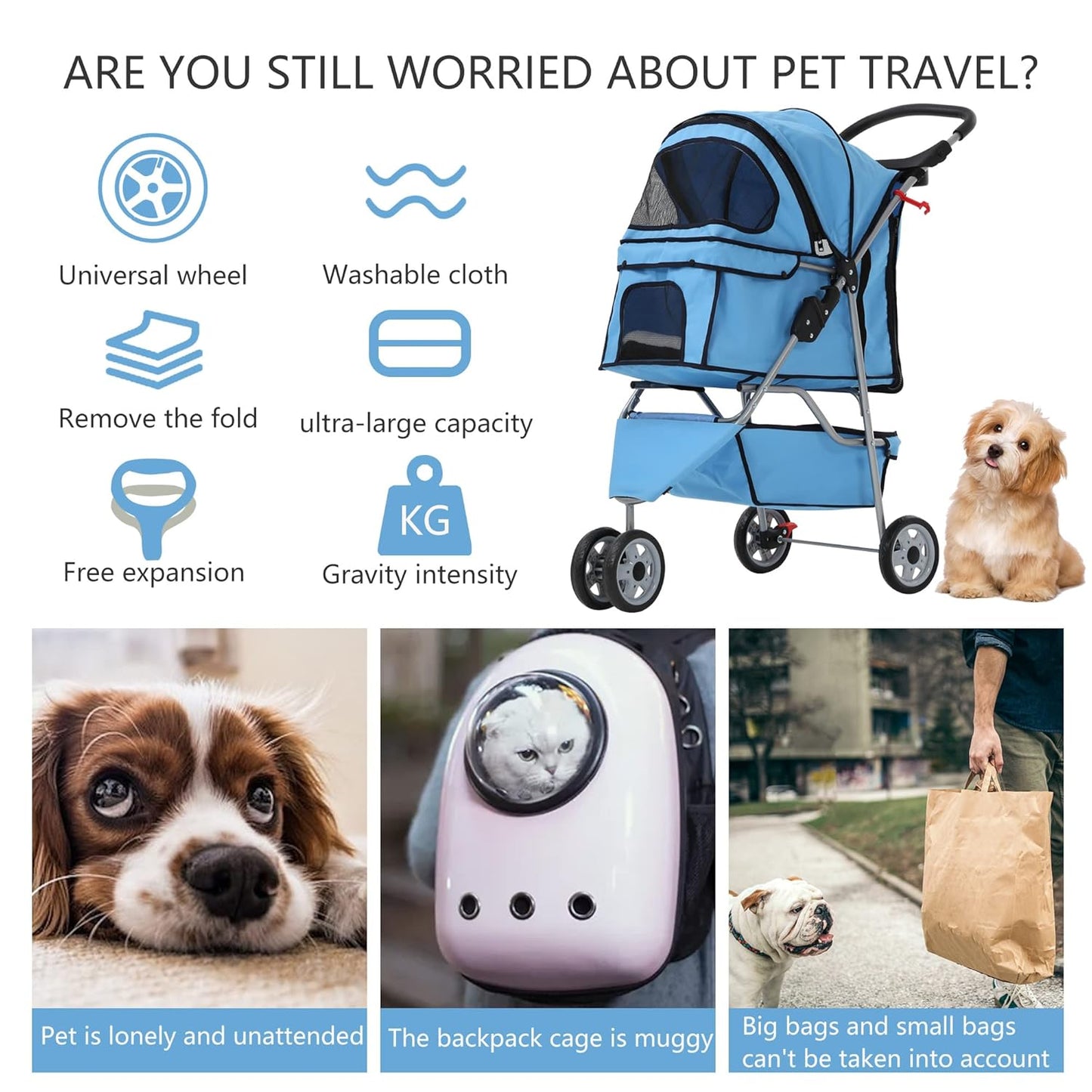 Dog Stroller,3 Wheels Travel Folding Pet Stroller for Small Medium Dog Cat Jogger Stroller with Storage Basket Removable Liner Blue