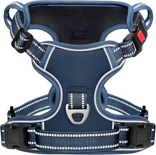 Timos Dog Harness Large Sized, No Pull Pet Harness with Neck Lockable Snap,No Choke Front Clip Dog Reflective Vest,Adjustable Metal Rings 3 Buckles,Easy Control Handle for Large Dogs Royal Blue L