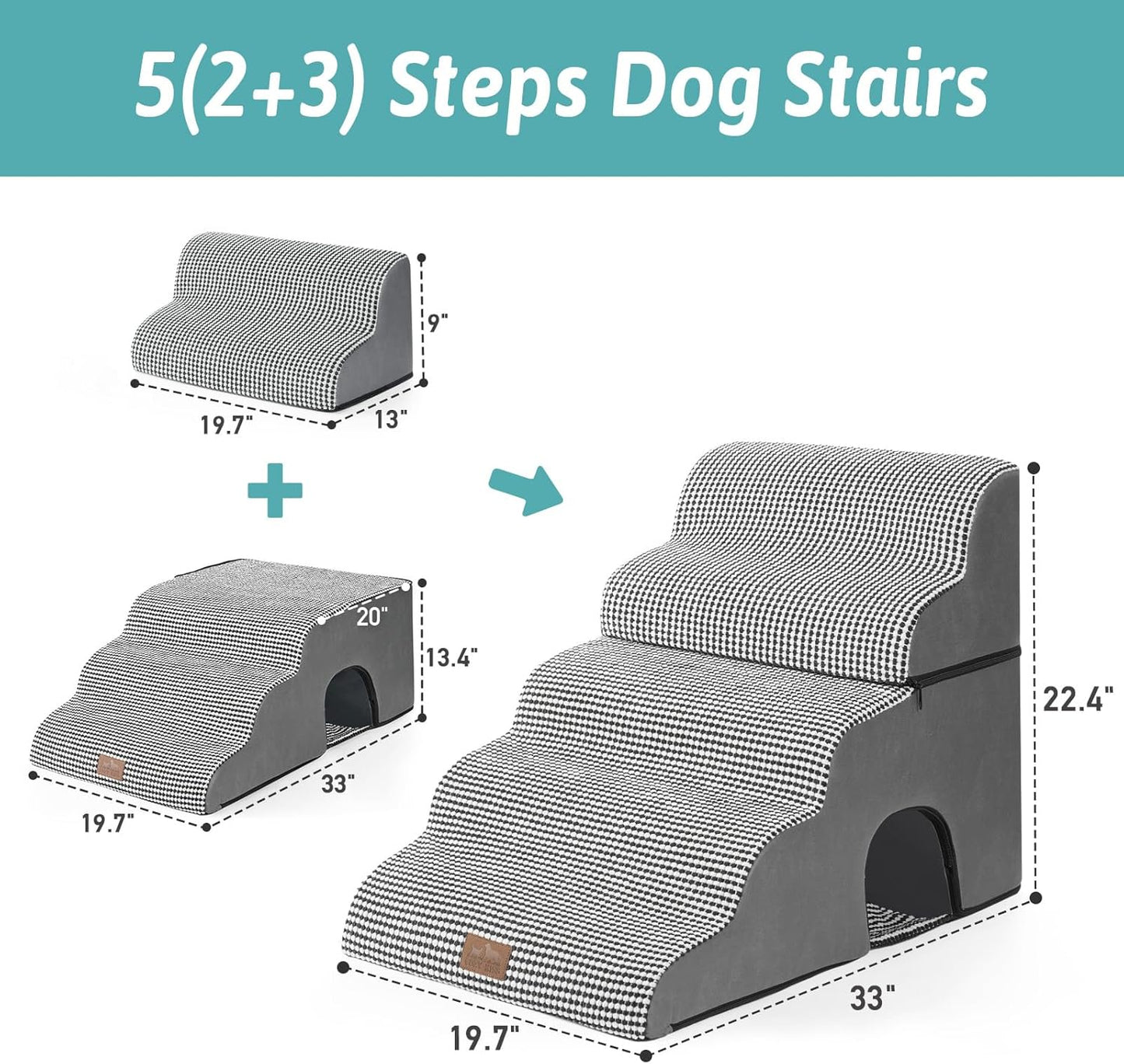 Wide Dog Stairs with Tunnel, Foam Detachable Large Dog Step for Small Pet, Puppy or Cats, Medium Pet Ramp for High Bed, Couch, Sofa or Car, 19.7x33x22.4 inch, 5 Step, White Black