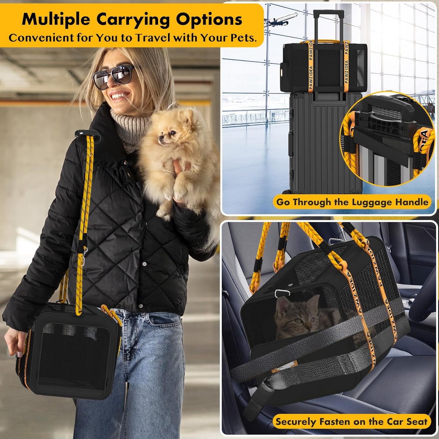 PAWZIDEA Pet Carrier with Wheels, 18x11x11 TSA Airline Approved Cat Carrier for 2 Cats Under Seat, Expandable Soft-Sided Rolling Dog Carriers for Small Dogs Travel Bag with Telescopic Handle, Black