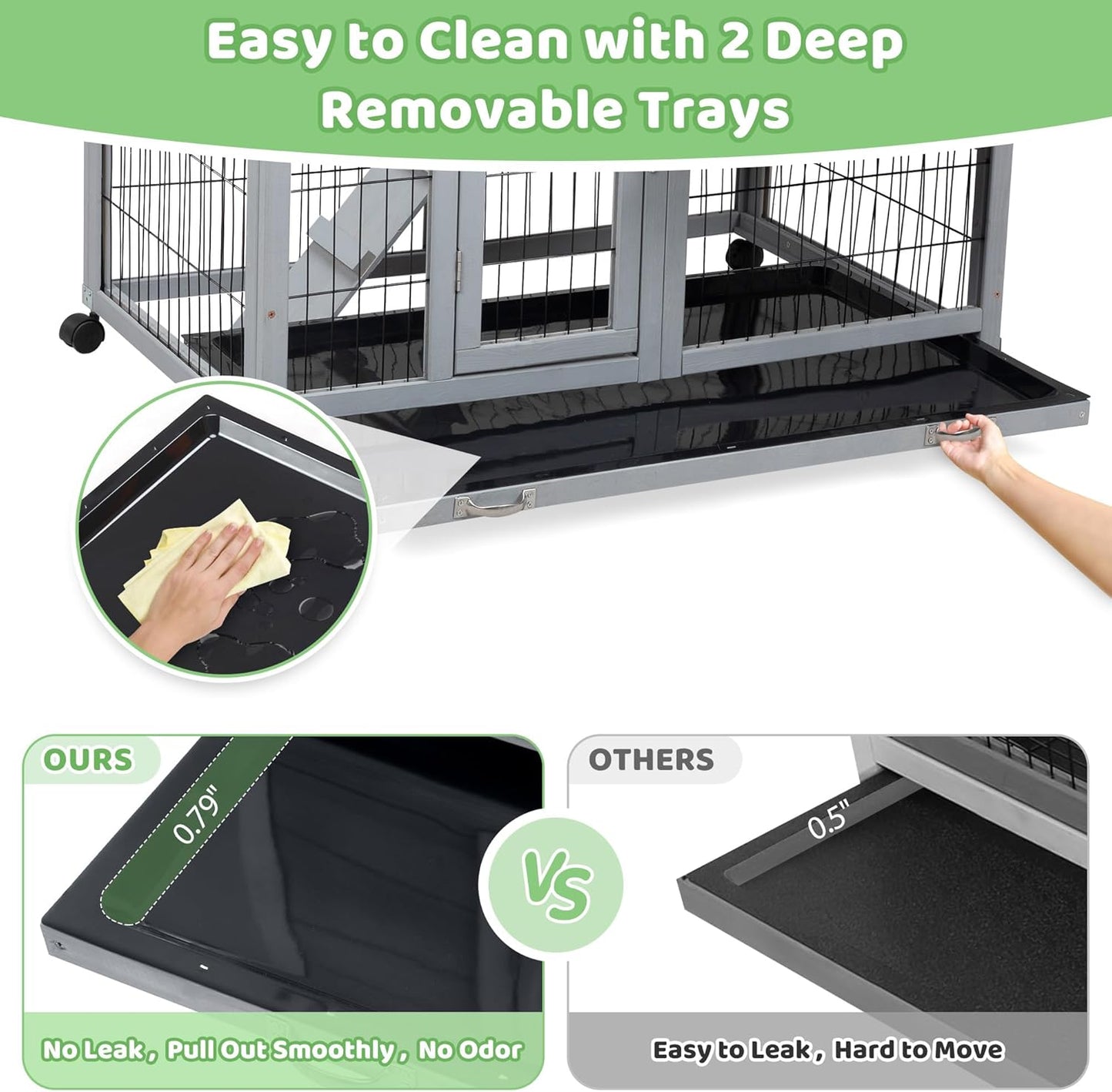 Rabbit Hutch Indoor Outdoor Bunny Cage 39" L Large 2-Story Wooden Small Animal House Enclosure with Wheels, 2 Removable Trays, Waterproof Openable Roof, Grey