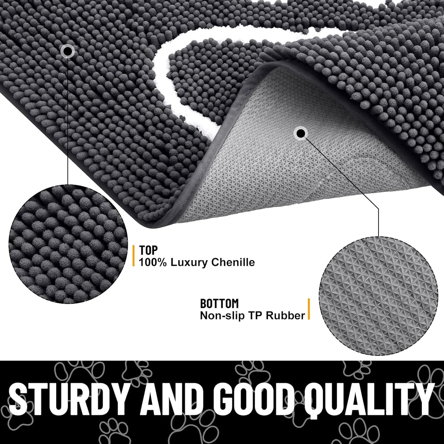 Smiry Dog Door Mat for Muddy Paws, Absorbent Dirt Trapper Non Slip Quick Dry Washable Chenille Mat for Mud Dogs, Entry Rug for Indoor and Outdoor (48x30 Inches, Dark Grey and White)