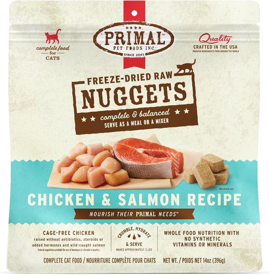 Primal Freeze Dried Raw Cat Food Nuggets Chicken & Salmon, Complete & Balanced Meal or Topper, Premium, Healthy, Grain Free, High Protein Raw Cat Food with Probiotics (14 oz)
