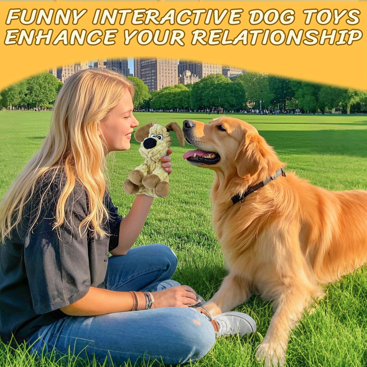 Squeaky Stuffed Dog Toys, Chew Toy for Large Medium Small Breeds, Plush Dog Toys to Keep Them Busy, Puppy Teething Dog Toy, Crinkle Dog Toy (Khaki Dog)