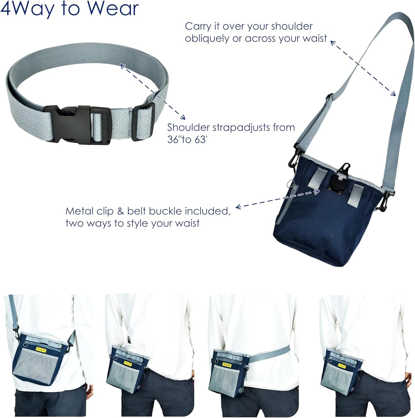 Dog Treat Pouch with Magnetic Closure 4-Cup Silicone Bag Fanny Pack Holder with Clicker 4 Ways to Wear Front Pocket Fits All Phones Ideal for Leash, Pet Walking and Training（Blue）