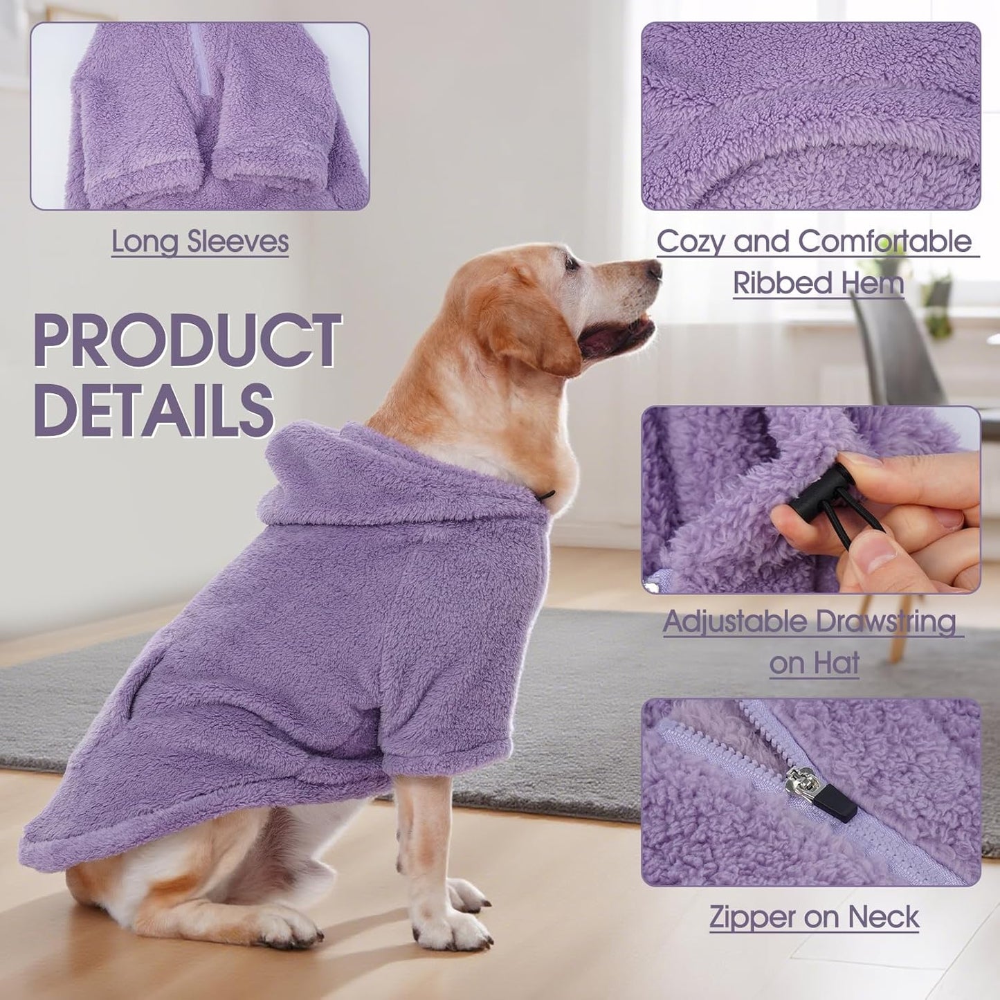 IDOMIK Fuzzy Dog Sweater with Adjustable Hood, Warm Fleece Dog Sweater Hoodie with Harness Hole & Pocket, Pullover Sweaters for Large Dogs, Fuzzy Hooded Sweatshirt for Fall Winter Christmas,Purple,3XL