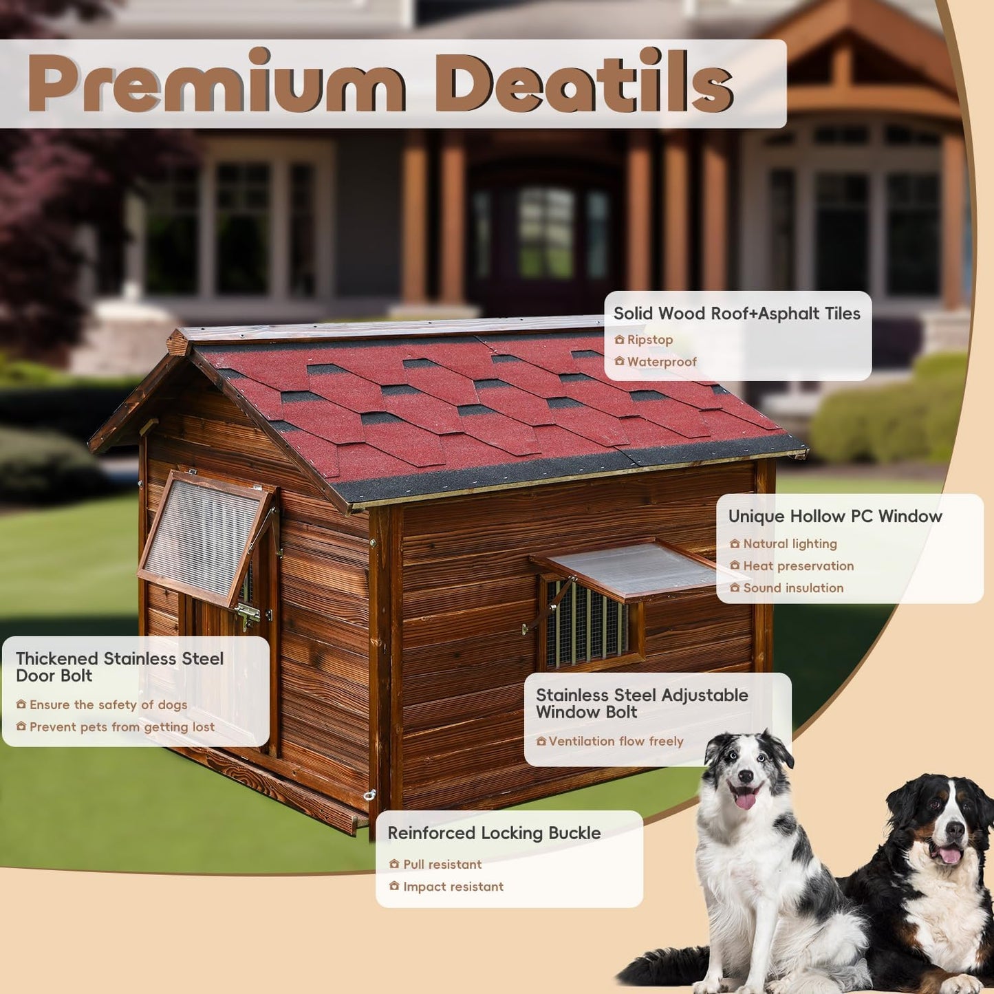 Outdoor Dog House, Natural Pine Wood Dog House with Elevated Floor, XL Outdoor Large Breed, XL-38.58''(D) X30.70''(W) X36.61''(H)