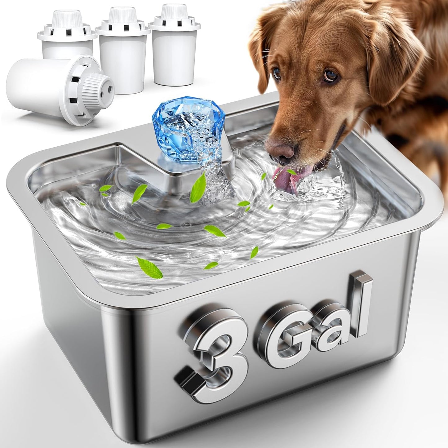 Large Dog Water Fountain Stainless Steel,3 Gallon Extra Big Pet Water Fountain for Large Dogs with 4 Filters,Automatic Dog Water Bowl Dispenser Drinking Fountains,Easy to Clean,Quiet Pump