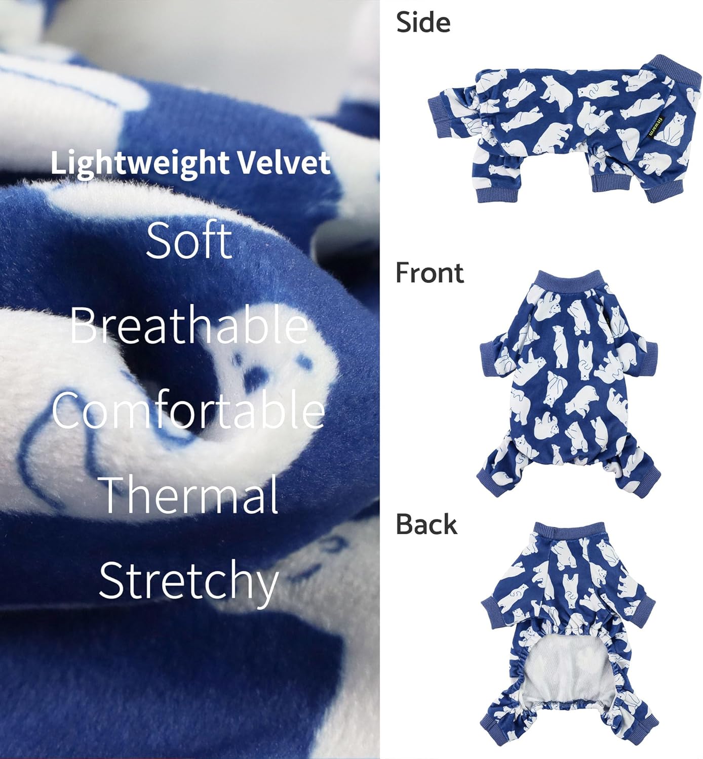 Fitwarm Polar Bear Dog Pajamas, Dog Clothes for Small Dogs Girl Boy, Pet Onesie with Feet, Cat Outfit, Lightweight Velvet, Royal Blue, White, XS