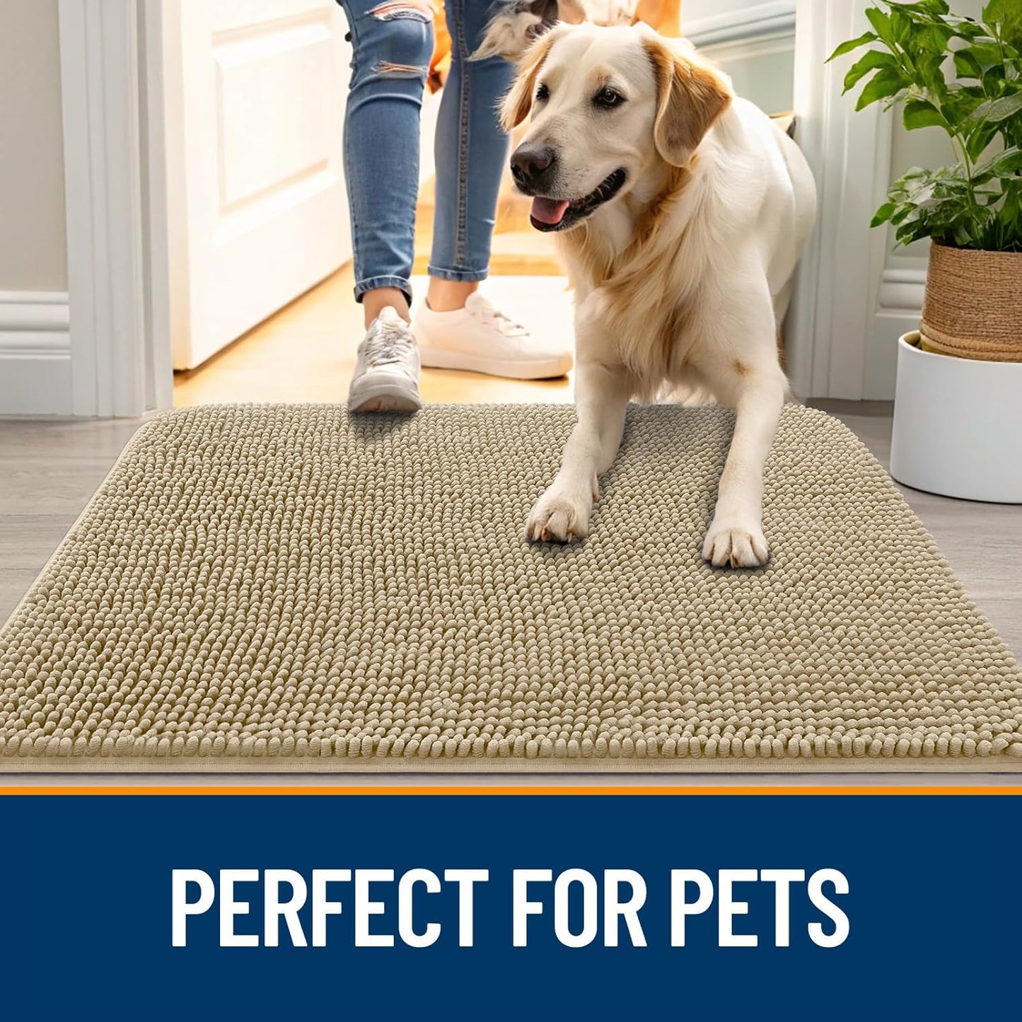 OLANLY Dog Door Mat for Muddy Paws 47x24, Absorbs Moisture and Dirt, Absorbent Non-Slip Washable Doormat, Quick Dry Chenille Mud Mat for Dogs, Entry Indoor Entryway Carpet for Inside Floor, Beige