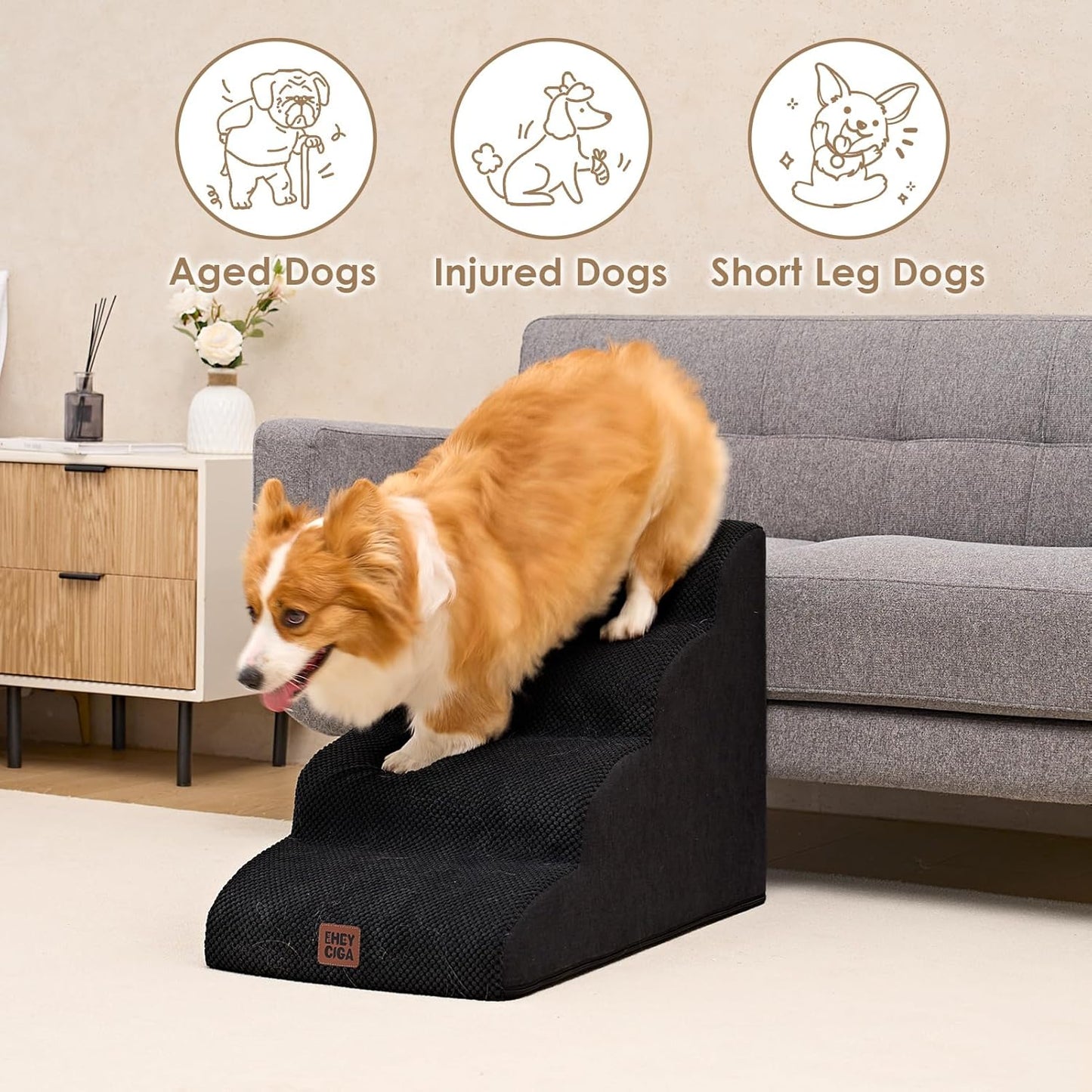 EHEYCIGA Curved Dog Stairs Ramp for High Beds 19.7" H, 4-Step Dog Steps for Small Dogs and Cats, Pet Stairs for High Bed Climbing, Non-Slip Balanced Pet Step Indoor, Black