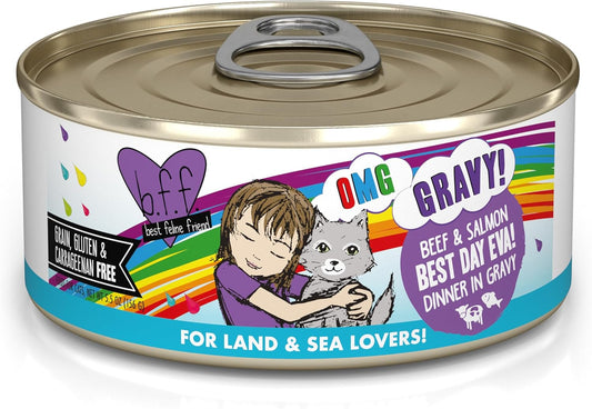 Weruva B.F.F. OMG - Best Feline Friend Oh My Gravy!, Best Day Eva! with Beef & Salmon in Gravy Cat Food, 5.5oz Can (Pack of 8)