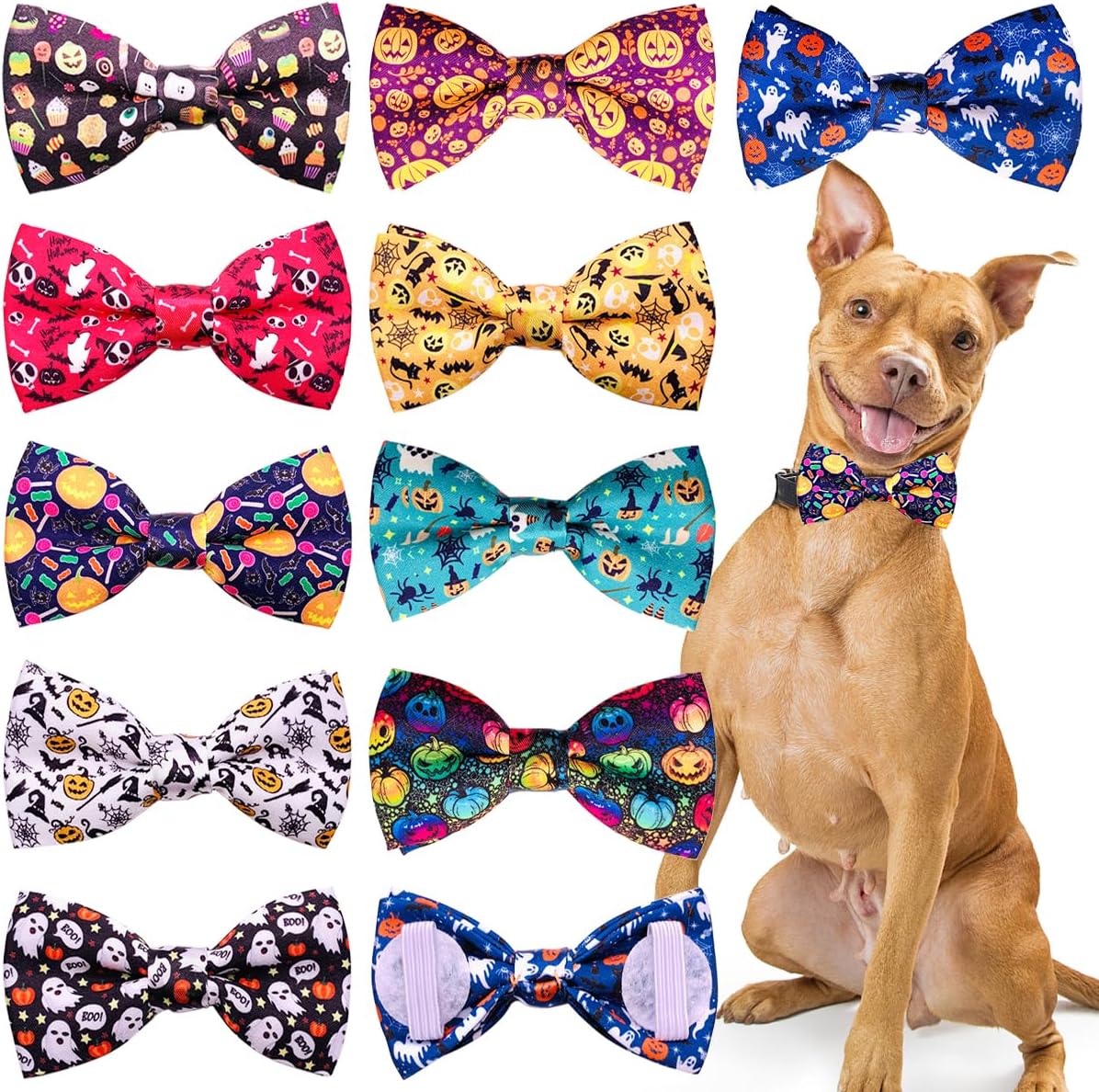 PET SHOW 10pcs Halloween Large Dog Bow Ties for Medium Big Detachable Dogs Bowties with Elastic Bands Attach to Collar Pet Grooming Collar Attachment Accessories