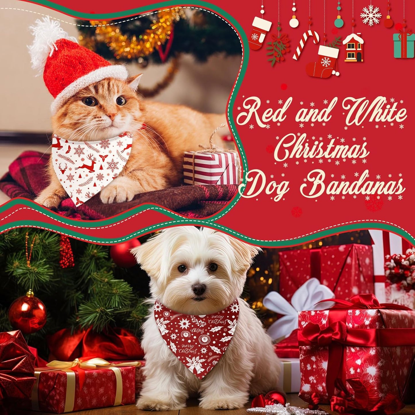 Abbylike 50 Pcs Christmas Dog Bandanas Bulk Xmas Red and White Bandanas for Dogs Triangle Kerchief Bibs Scarf Set for Pet Christmas Costume Photo Props Accessories Pet Shops (19.7 x 13.8 x 13.8)