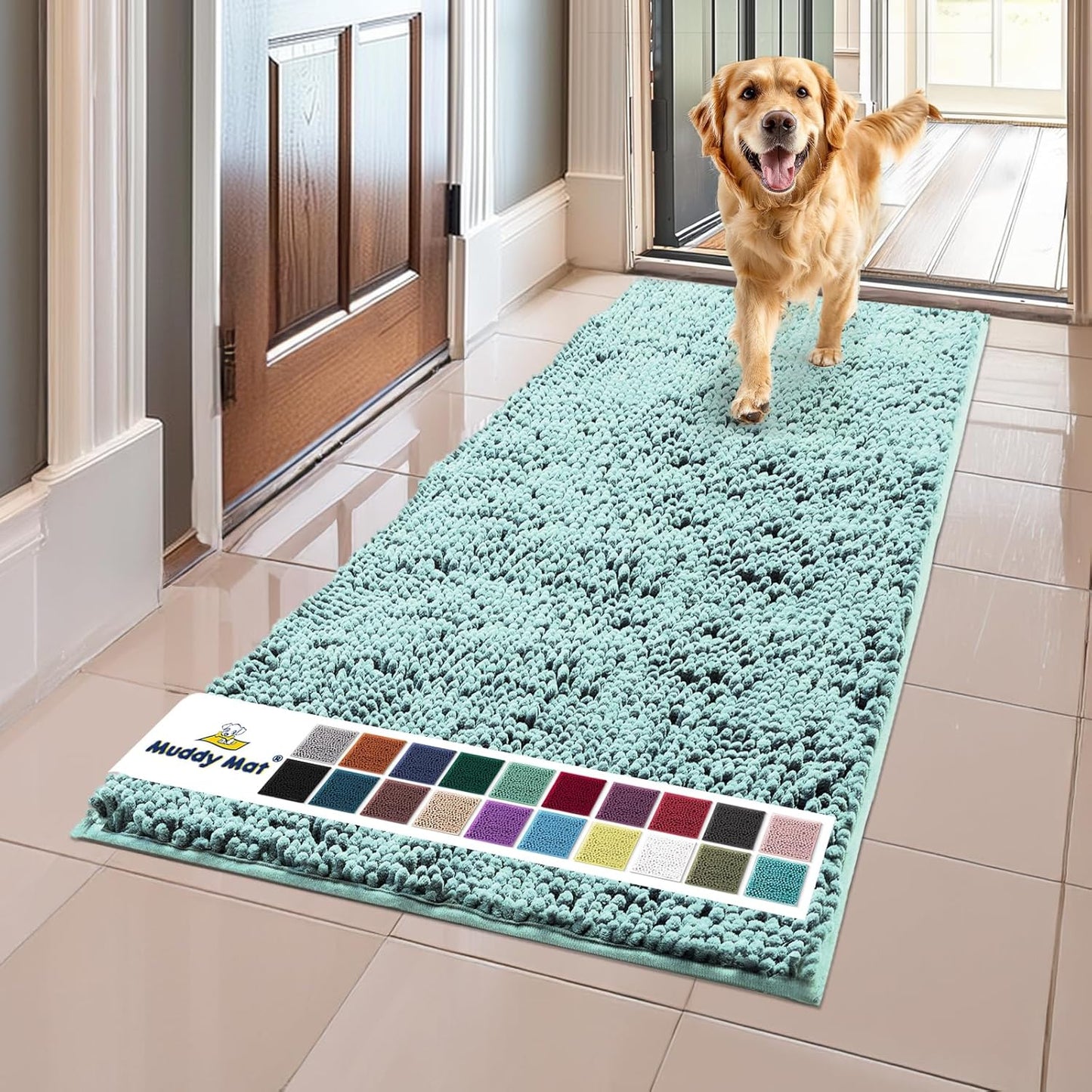 Muddy Mat® Shown on TV–Super Absorbent Microfiber Dog Door Mat for Muddy Paws, Non-Slip Washable Pet Rug, Quick Dry Chenille Entryway Carpet, Machine Washable Indoor Outdoor mat–Seafoam Green 59"x24"
