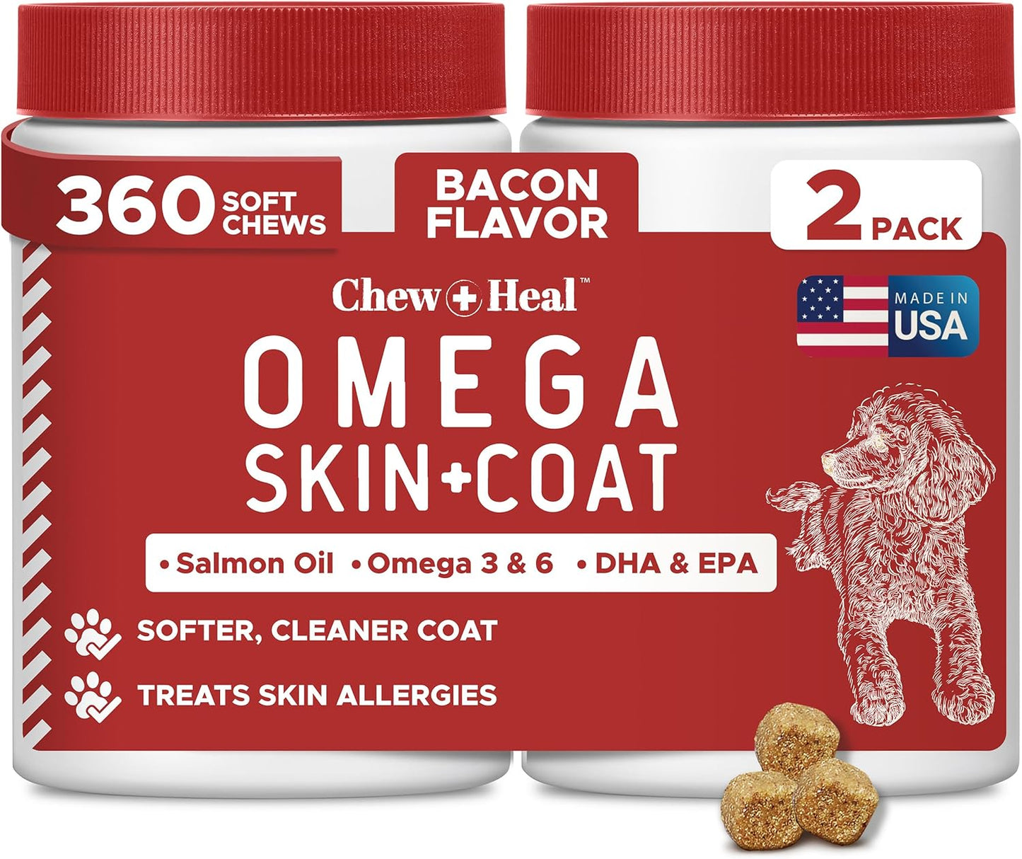 Best Itchy Skin Relief for Dogs -360 Soft Chew Omega Treats for Skin and Coat -Salmon Oil Blend of Fatty Acids, Omega 3, 6, Vitamins, Antioxidants -Made in USA (2 Packs of 180, Bacon Flavor)