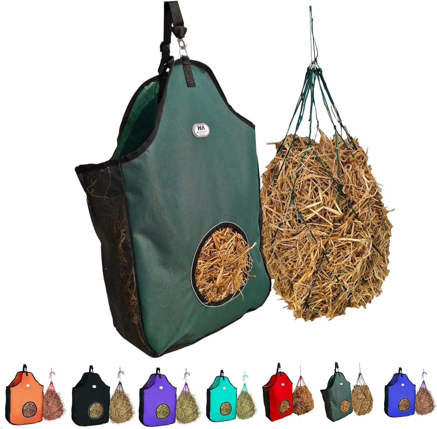 Majestic Ally 1200 D Hay Feeder Tote Bag for Horses, Sheep with Reflective Trim- Reduces Waste - Comes with 36” Hay Net. (Hunter Green)