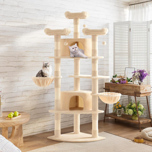 SHA CERLIN 73in Fan-Shaped Corner Cat Tower for Save Space/Multi-Level Tall Cat Tree for Indoor Kitties/Condo with Baskets/Cozy Perches/Sisal Scratching Posts/Pet Activity House/Beige