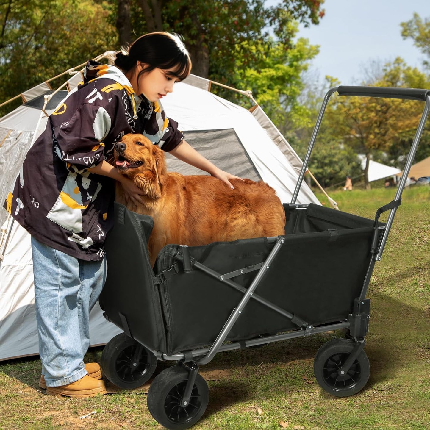 REDCAMP Folding Dog Wagon Cart with Tailgate Heavy Duty, 220L Large Collapsible Utility Cart Dog Stroller with Extendable Rear End for Sports Shopping Pet, Dark Black