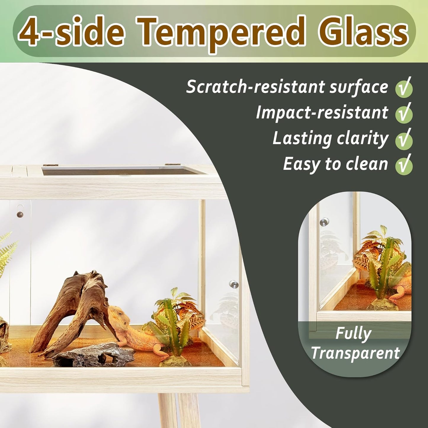 Prolee Tempered Glass Reptile Enclosure with Leg,48“ Scratch-Proof Bearded Dragon Tank,79 Gallon Lizard Tank with Metal Mesh Tops and Lockable Door,Spacious Reptile Habitat for Snake,Lizard (Oak)