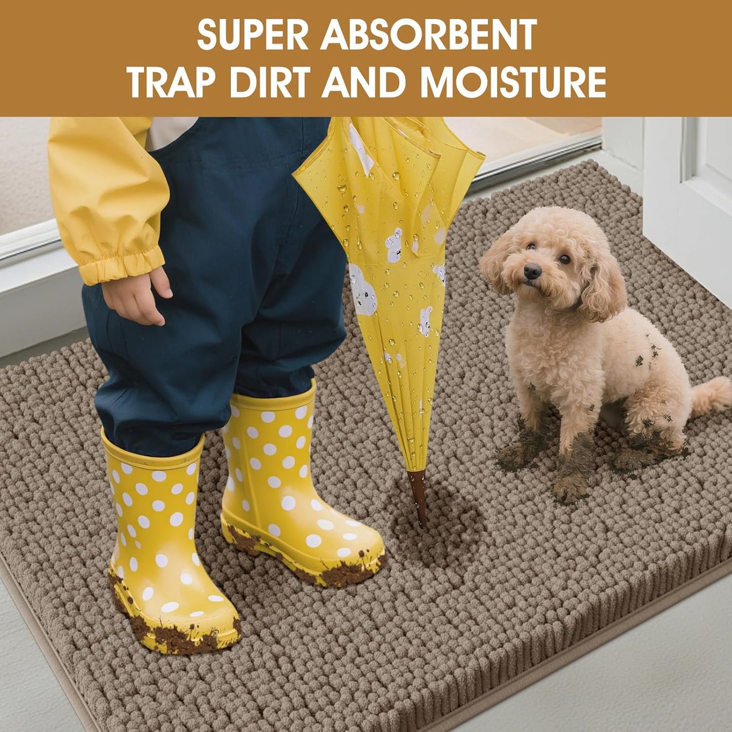 Dog Door Mats for Muddy Paws, Chenille Absorbent Door Mats, Non Slip Heavy Mud Mat for Dogs, Soft Indoor Door Mat for Entryway, Mud Paws, Inside Floor,30" X 20", Beige