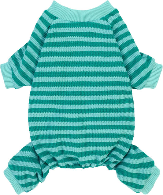 Fitwarm Green and Teal Striped Dog Pajamas, Waffle Dog Clothes for Small Dogs Girl Boy, Puppy Onesie with Feet, Pet Cat Outfit, XL