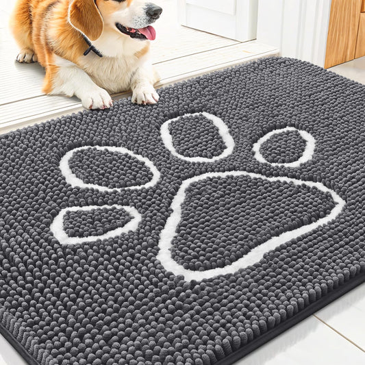 Smiry Dog Door Mat for Muddy Paws, Absorbent Dirt Trapper Non Slip Quick Dry Washable Chenille Mat for Mud Dogs, Entry Rug for Indoor and Outdoor (30x20 Inches, Dark Grey and White)