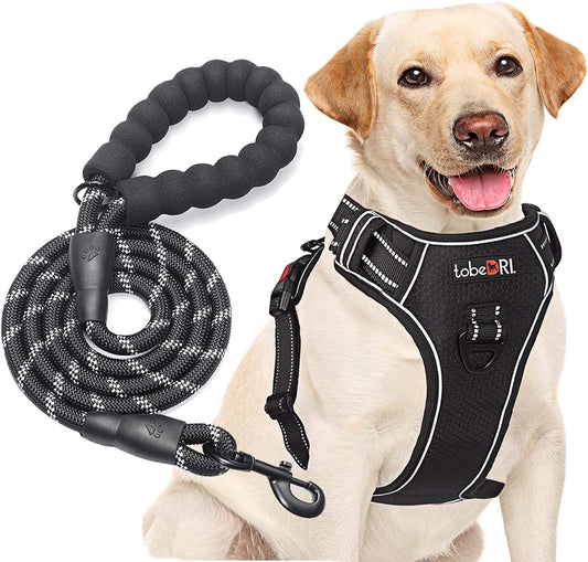 No Pull Harness with A Free Heavy Duty 5ft Leash for Medium Large Dog Adjustable Reflective Oxford Easy Control (L (Neck: 18"-25.5", Chest: 24.5"-33"), Black Harness+Leash)