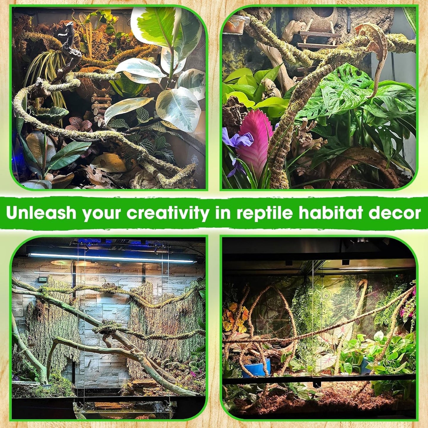 Duspro 10FT Reptile Vines for Climbing Bendable Branch for Reptile Natural Moss Rope Jungle Decor for Bearded Dragon, Chameleon Tank Accessories, Snake Gecko Lizard Terrarium