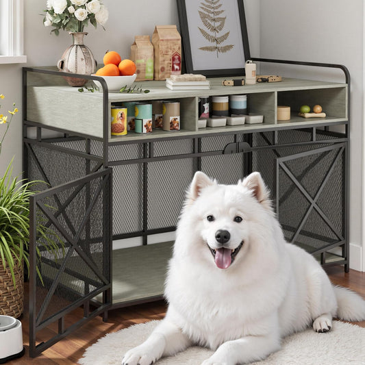 Dog Crate Furniture, 48" Heavy Duty Wooden Dog Crate End Table, XL Dog Kennel Furniture Large Breed, Decorative Dog Kennel Indoor with 3 Drawers & Steel Tubes 48" L x28 W x36 H (Grey)