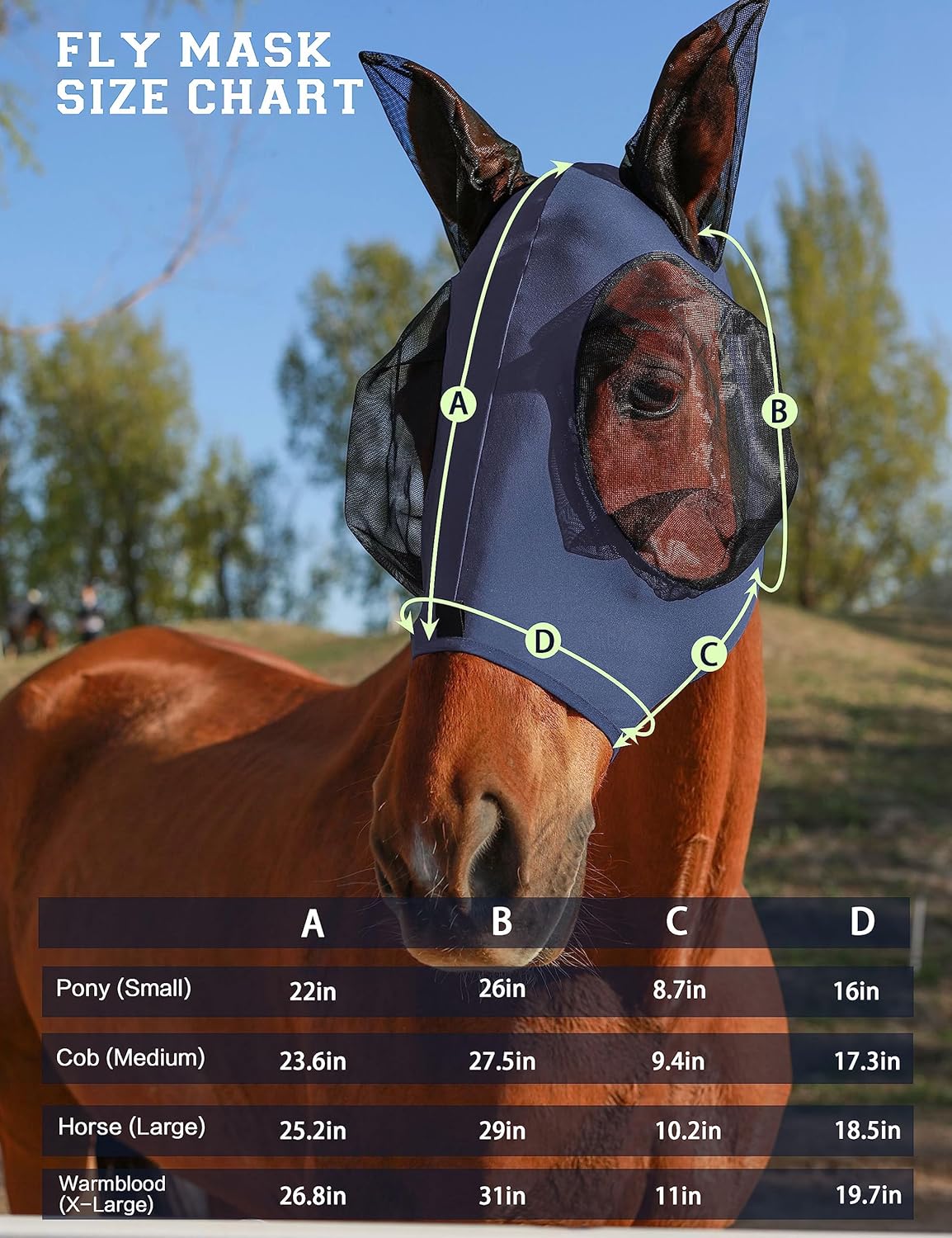Horse Fly Mask with Ears, UV Protection Mask for Horses, Elasticity Mask with Big Mesh Eye Covers, Snug Fitting Comfortable Breathable Lightweight Navy Cob