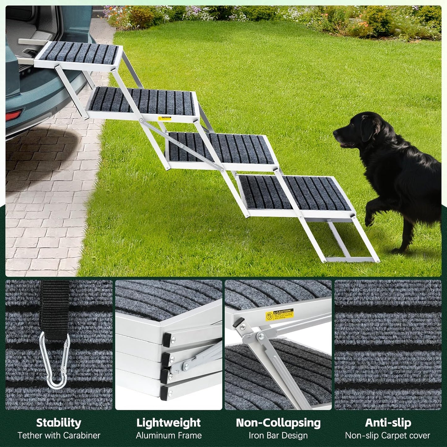 Dog Stairs for Car, Extra Wide Stairs for Large Dogs, Pet Steps Aluminum Foldable Dog Steps for Cars and SUV, High Beds, Trucks, Supports up to 200 lbs (Extra Wide-4 Steps)