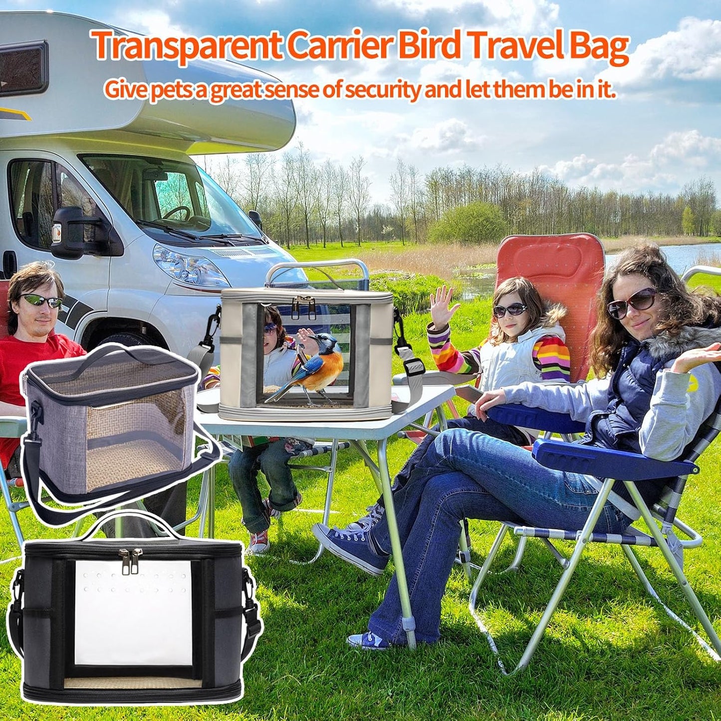 Bird Travel Carrierm, Small Bird Travel Backpack Carrier Cage with Tray and Breathable Clear Window, for Parakeet Cockatiel Budgies, for Camping Hiking (Small-White)