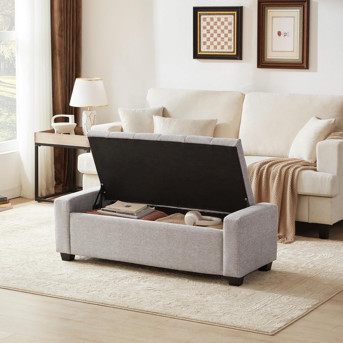 48" Ottoman with Storage, Storage Ottoman Bench with Safety Hinge, Upholstered Entryway Bench with Seating for Bedroom, Living Room, Holds up to 330 lb(Light Gray)