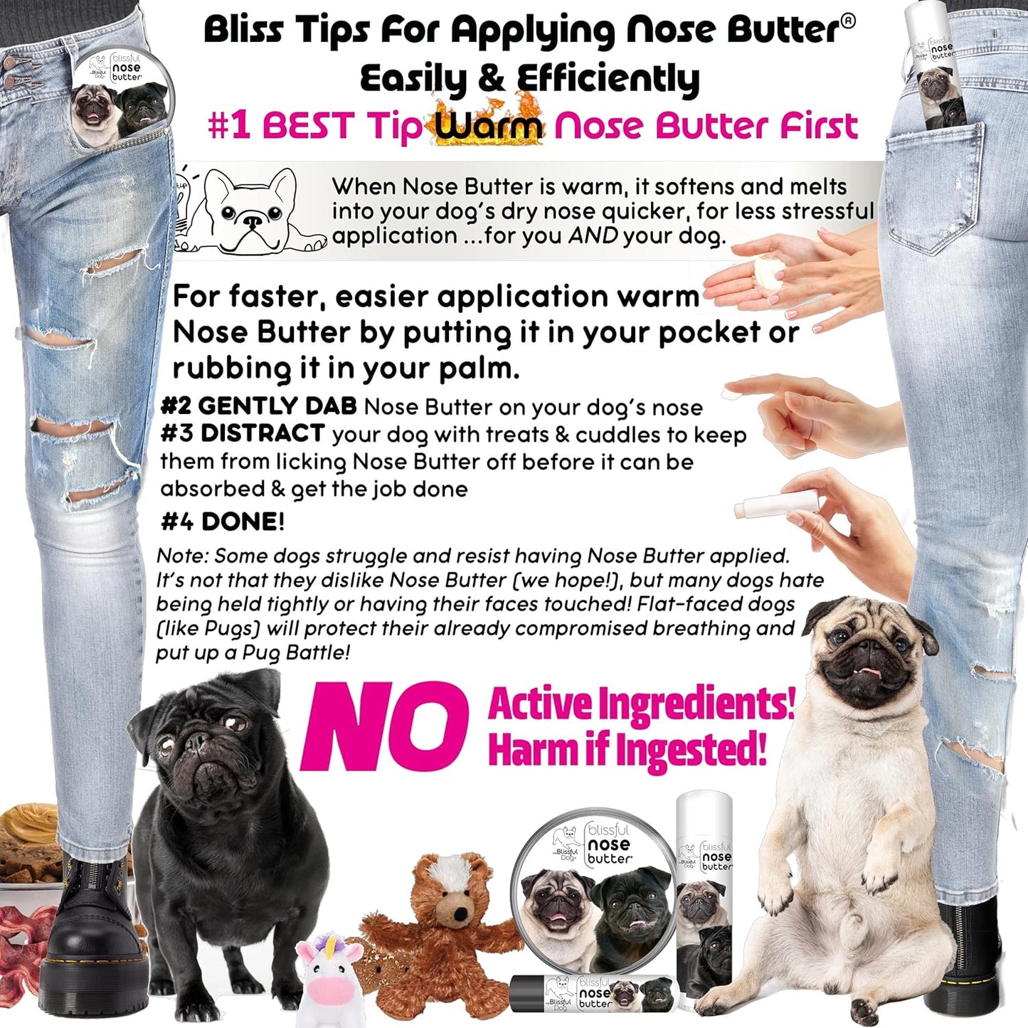 The Blissful Dog Pug Duo Nose Butter for Dry, Cracked Skin, Lick-Safe Dog Nose Balm with Moisturizing Shea Butter, Almond, Olive, and Essential Oils, Pet Supplies, Uncented, 1 oz.