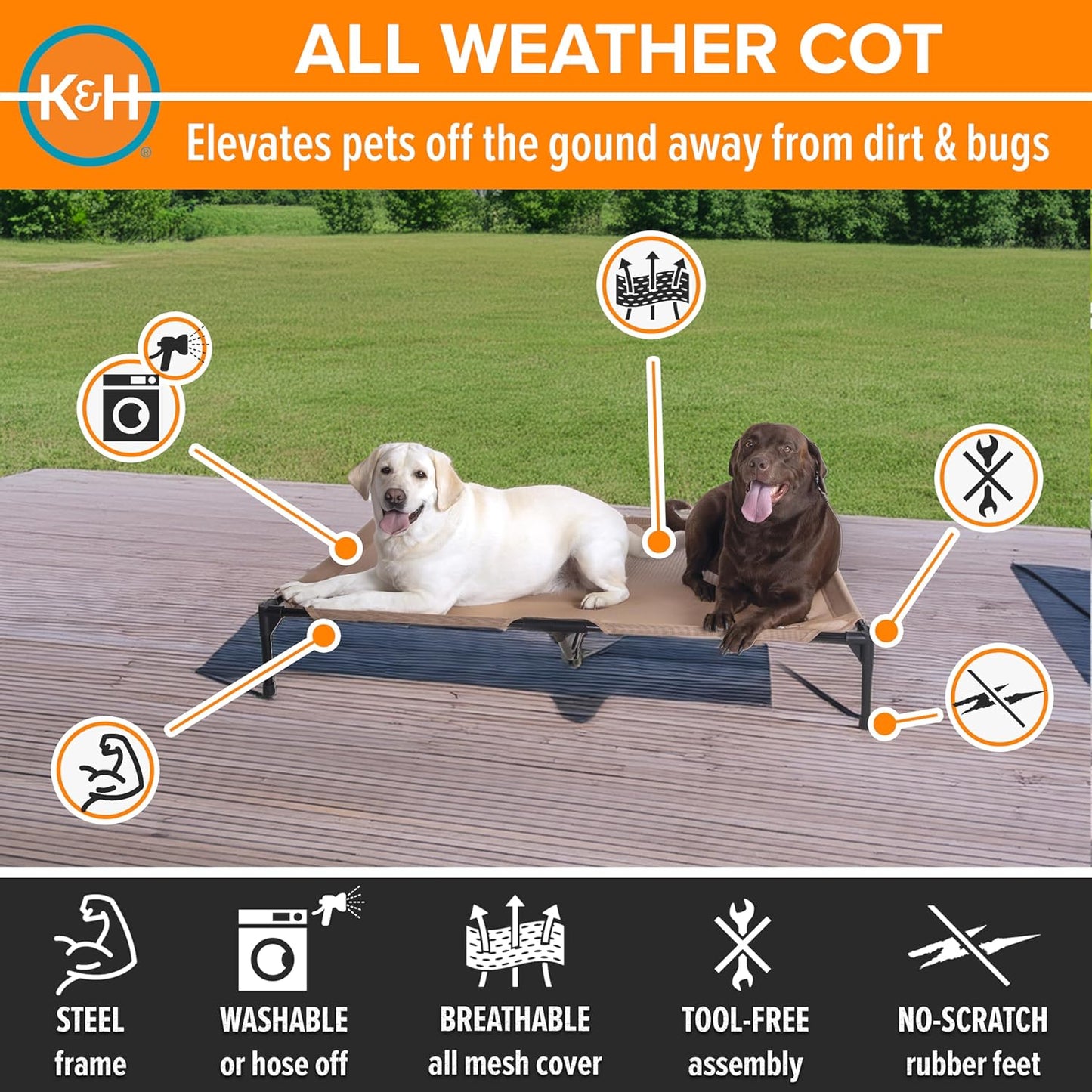 K&H Pet Products Outdoor Elevated Dog Cot, Cooling Raised Bed with Waterproof Breathable Mesh for Large Dogs, Portable Pet Bed with Heavy-Duty Metal Frame, Oversized Hammock Style - Extra-Large Tan