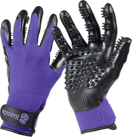Handson Pet Grooming Gloves - Patented #1 Ranked, Award Winning Shedding, Bathing, Hair Remover Gloves - Gentle Brush for Cats, Dogs, and Horses (Purple, Large)