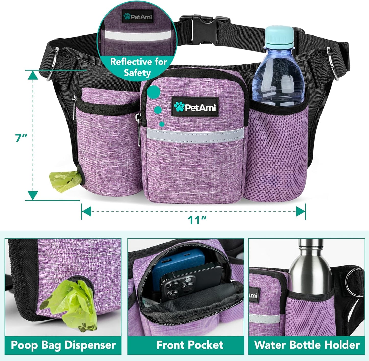 PetAmi Premium Hands Free Dog Leash for 2 Dogs, Adjustable Waist Belt Leash for Dog Walking, Fanny Pack Accessories Bag Dual Bungee Leash for Running, Hiking, Jogging, Biking, Purple