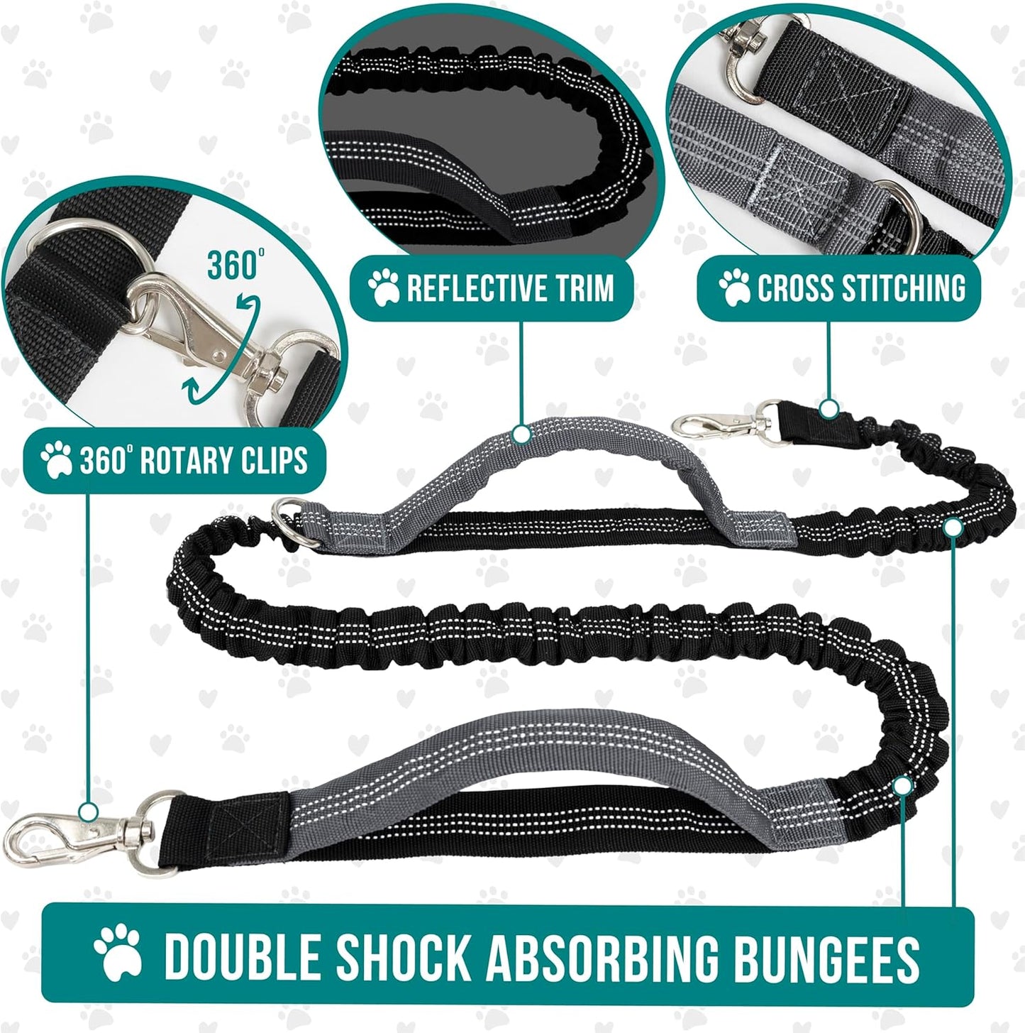 PetAmi Hands Free Dog Leash, Running Leash Belt Walking, Jogging, Waist Zipper Pouch with Poop Bag Dispenser, Dual Padded Handles, Reflective Durable Bungee Single, Heather Grey, 1 Leash