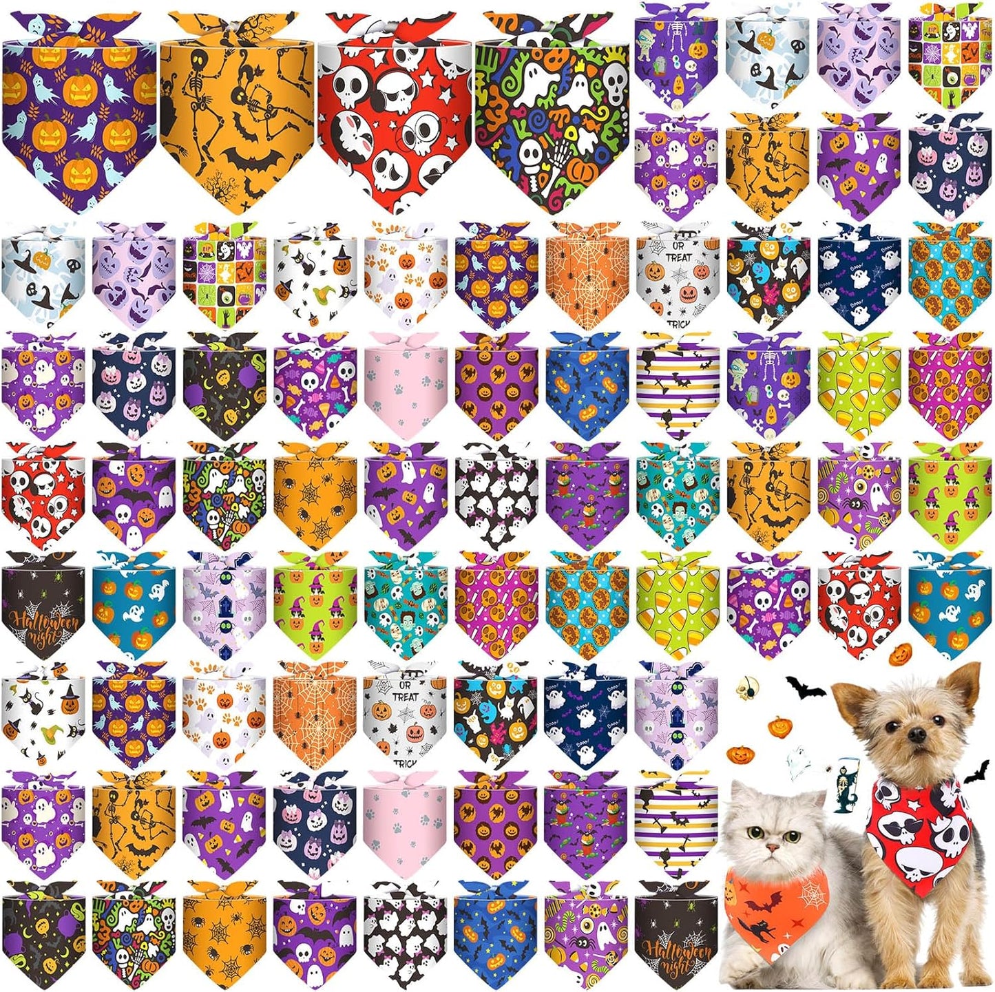 Reginary 72 Packs Halloween Dog Bandanas Bulk Pumpkin Ghost Pet Bandanas Triangle Scarf Bibs Adjustable Dogs Bandana for Halloween Thanksgiving
