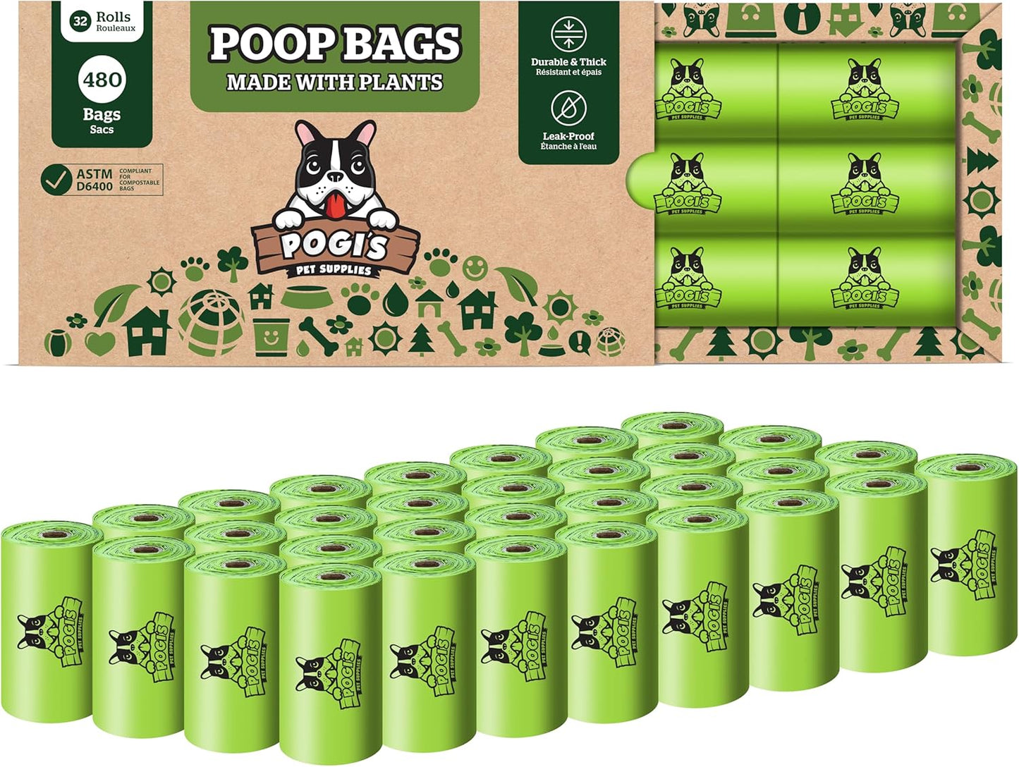 Pogi's Compostable Poop Bags – Leak-Proof, Extra-Large, Made with Plants – 32 Rolls (480 Bags)