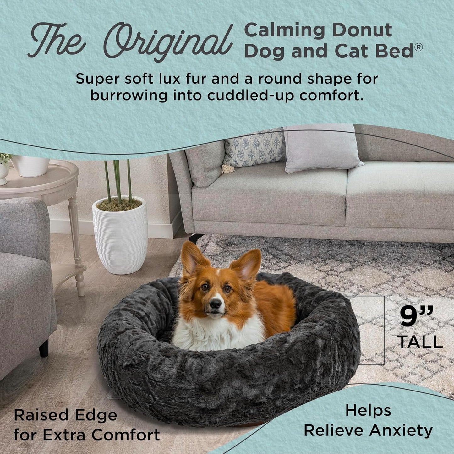Best Friends by Sheri Original Calming Donut Dog and Cat Bed, Lux Faux Fur, Mink Dark Gray, (30in x 30in) - Anxiety Relief for Pets Up to 45 lbs