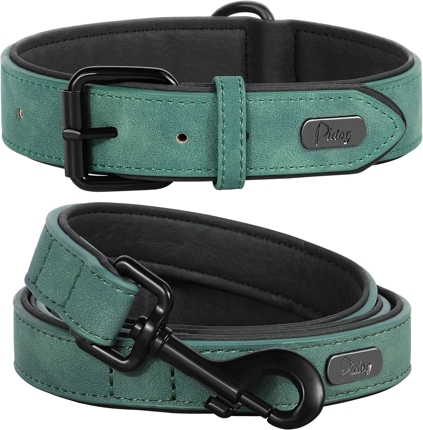 Didog Soft Padded Leather Dog Collar and Leash Set, Adjustable and Breathable Pet Collars with 4FT PU Leather Dog Leash for Small Medium Large Dogs, Green, XL