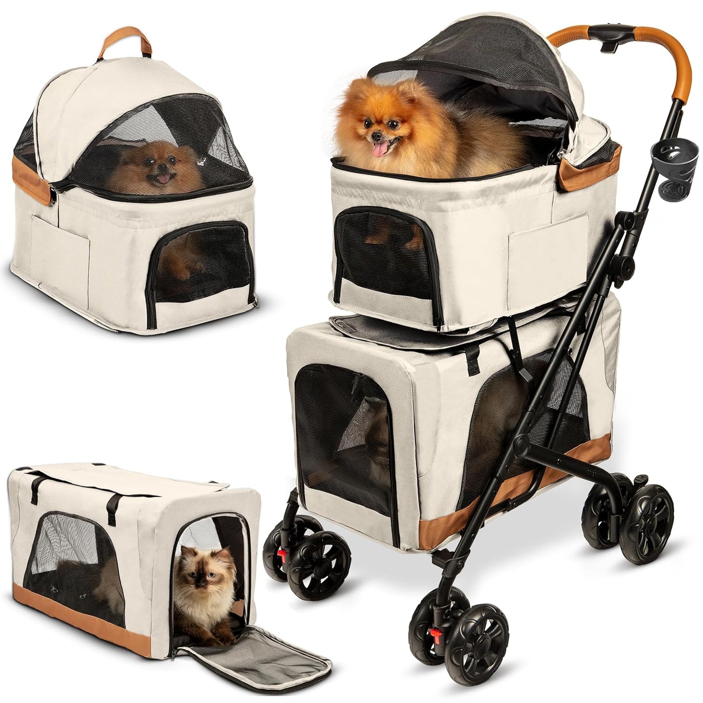 Double Pet Stroller with Detachable Carriers - Ideal for 2 Dogs or Cats - Compact & Convenient Design - Easy Assembly Double Dog Stroller - Cosmic Beige