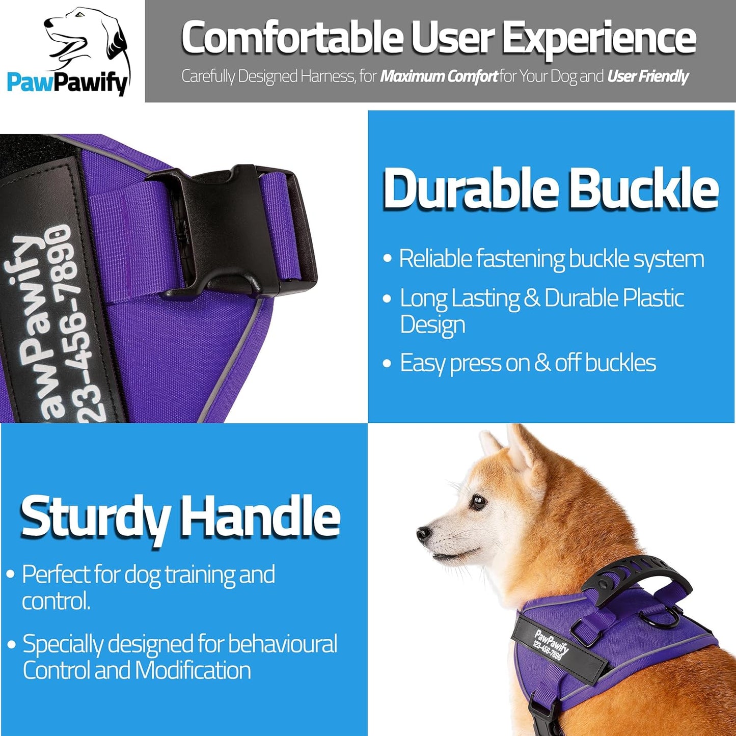 PawPawify Custom No Pull Dog Harness with Name and Phone Number, Heavy Duty Personalized Pet Vest to Prevent Tugging, Pulling, or Choking, Training and Walking (New Purple, XS (5-9LBS))