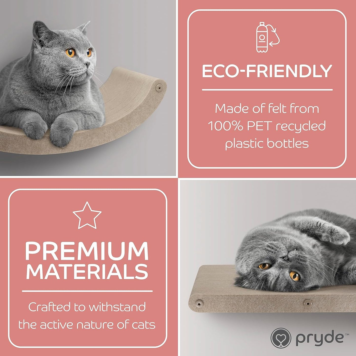 Wall Mounted Cat Steps Short Shelves (2) by Pryde Pets - Stairs for Walkways, 100% Sustainable PET Felt Feline Enrichment Climber Furniture for Indoor Cats, Modern Climbing Gym Design (Oatmeal)