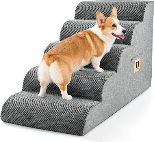 IFNOW Dog Stairs for Small Medium Dogs and Cats 19.7" H, 5-Step Studry Dog Steps for Bed, Couch, High Density Foam Pet Stairs for Dogs to Get on Bed, Non-Slip Balanced Curved Indoor Pet Ramp, Grey