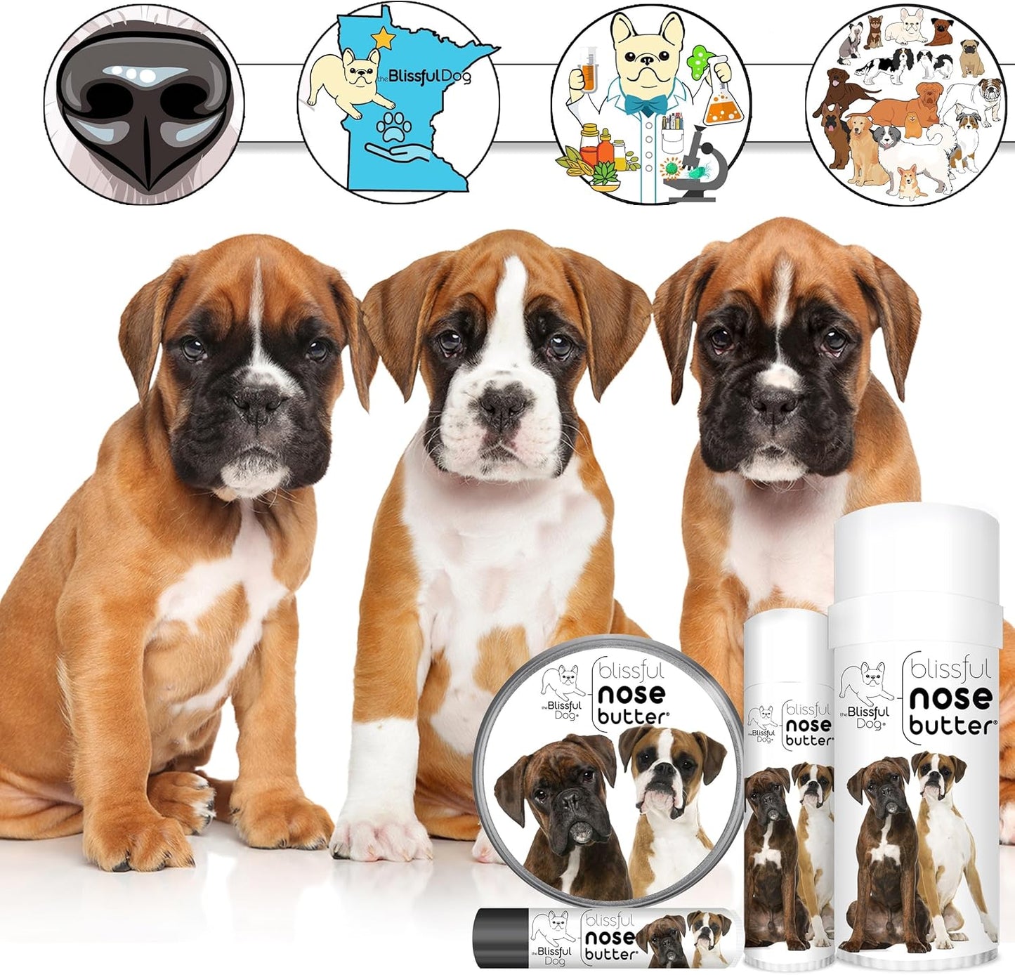The Blissful Dog Boxer Duo Nose Butter for Dry, Cracked Skin, Lick-Safe Dog Nose Balm with Moisturizing Shea Butter, Almond, Olive, and Essential Oils, Pet Supplies, Uncented, 0.15 oz.