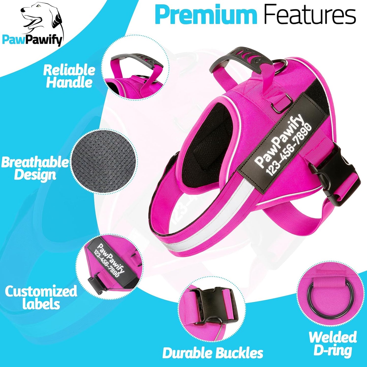 PawPawify Custom No Pull Dog Harness with Name and Phone Number, Heavy Duty Personalized Pet Vest to Prevent Tugging, Pulling, or Choking, Training and Walking (New Pink, L (40-60 LBS))